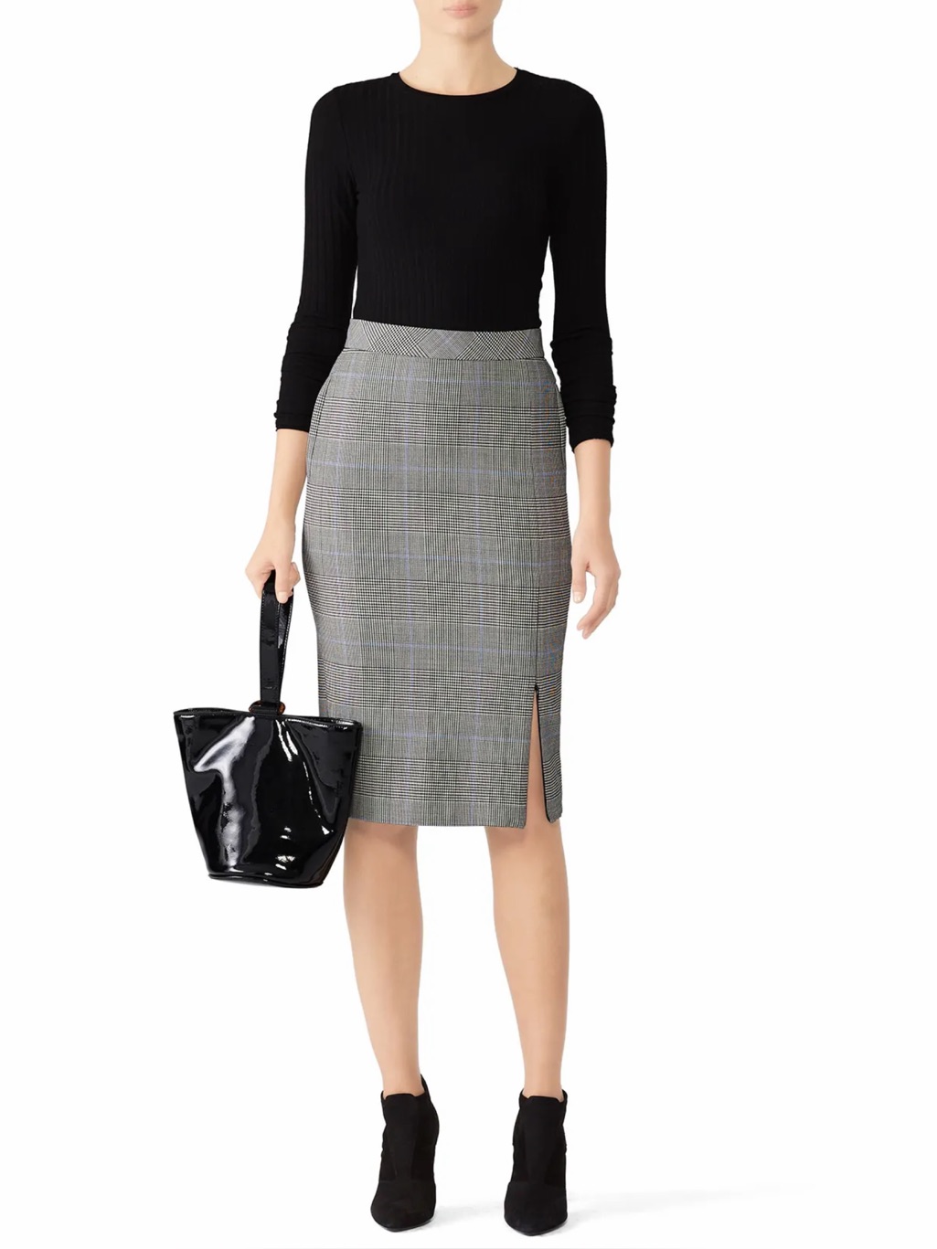 Theory Zip Front Pencil Midi Skirt Size 8 Windowpane Black Gray Office Preppy